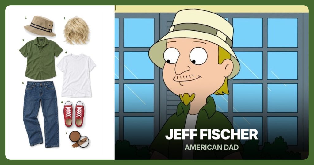 Striped Beige Bucket Hat, Shaggy Blond Wig, Olive Short-Sleeve Shirt and White Crewneck T-Shirt beside Jeff Fischer