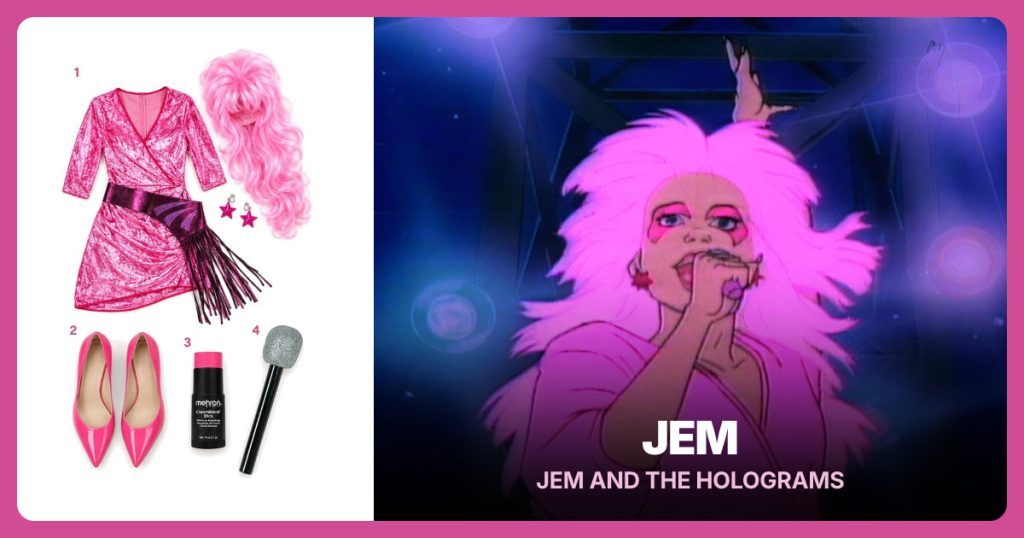 Jem Costume Set, Pink Pointed-Toe Pumps, Pink Cream Makeup Stick and Silver Microphone Prop beside Jem