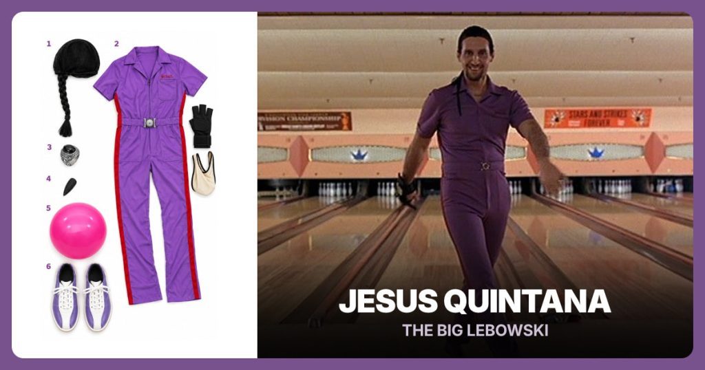 Braided Wig with Hairnet, Purple Bowling Costume, Black Stone Ring and Black Press-on Nail beside Jesus Quintana