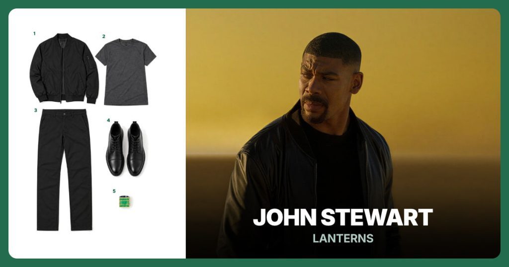 Black Bomber Jacket, Charcoal Crew-Neck T-Shirt, Black Straight-Leg Chinos and Black Lace-Up Ankle Boots beside John Stewart
