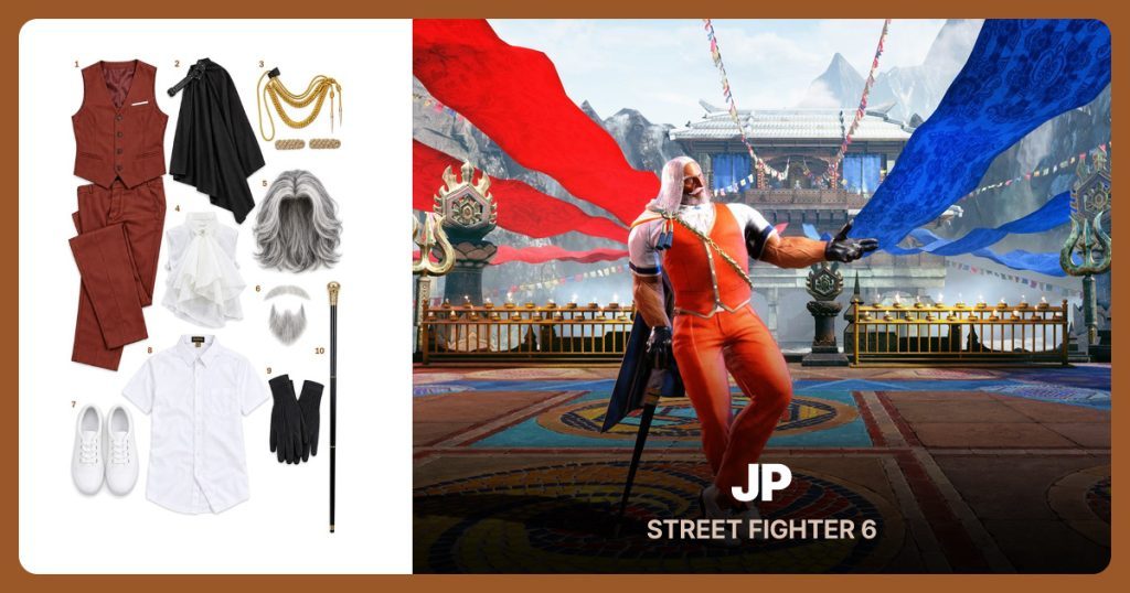 Brick-Red Vest and Trousers, Black One-Shoulder Cape and Gold Shoulder Cord and Tassels beside JP