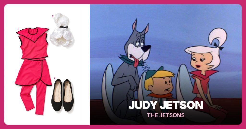 Judy Jetson Top, Skirt and Leggings Set, White Judy Jetson Wig and Black Ballet Flats beside Judy Jetson