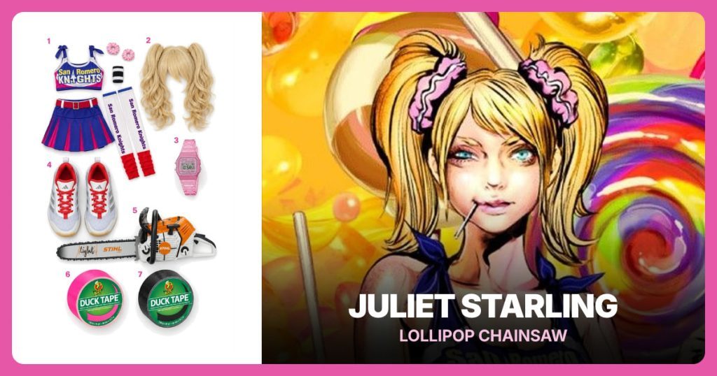 San Romero Costume Set, Blonde Pigtail Wig, Pink Digital Watch and White and Red Sneakers beside Juliet Starling