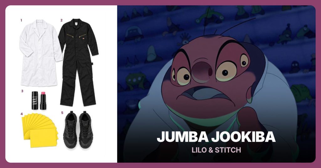 White Lab Coat, Black Coveralls, Rose-Pink Face Paint and Yellow EVA Craft Foam Sheets beside Jumba Jookiba