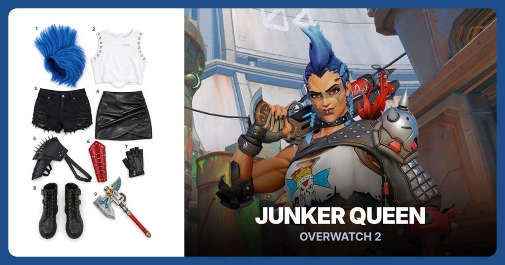 Blue Mohawk Wig, White Sleeveless Crop Top, Black Ripped Shorts and Black Faux Leather Wrap Skirt beside Junker Queen from Overwatch