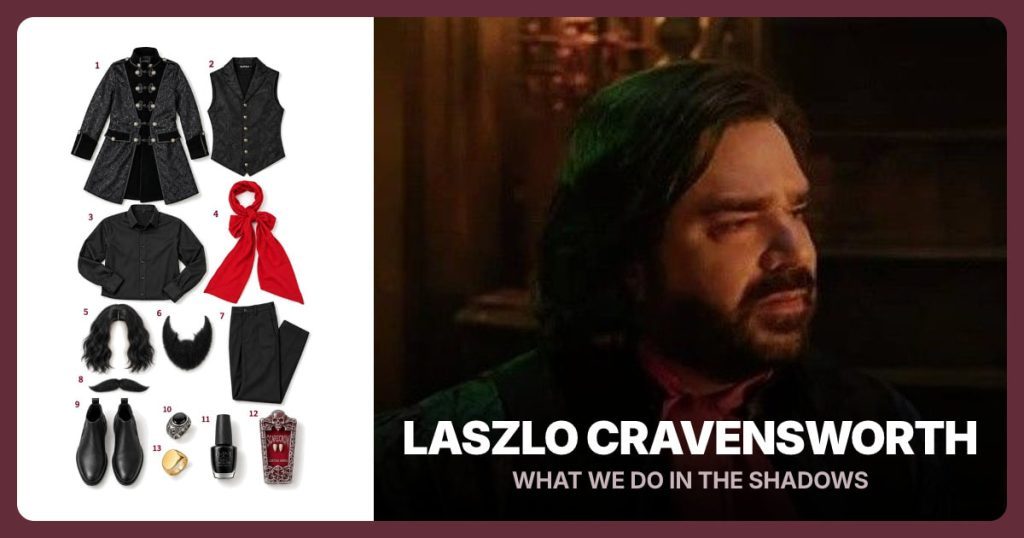 Black Brocade Frock Coat, Black Victorian Waistcoat, Black Dress Shirt and Red Neck Scarf beside Laszlo Cravensworth