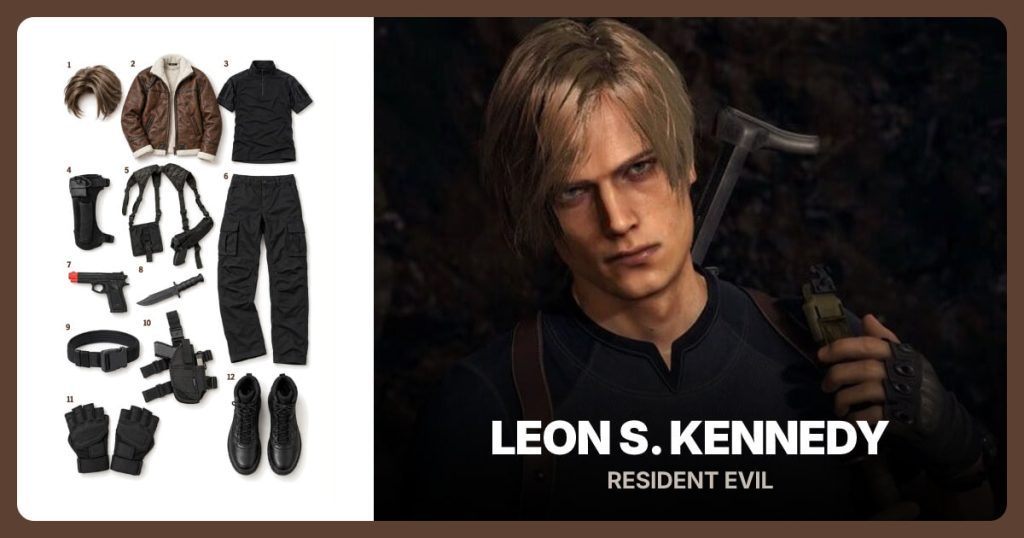 Brown Side-Part Wig, Brown Shearling-Style Jacket, Black Tactical Shirt and Knife Holder beside Leon S. Kennedy