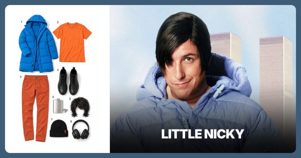 Blue Puffer Coat, Orange T-Shirt, Orange Chino Pants and Black Lace-Up Boots beside Little Nicky
