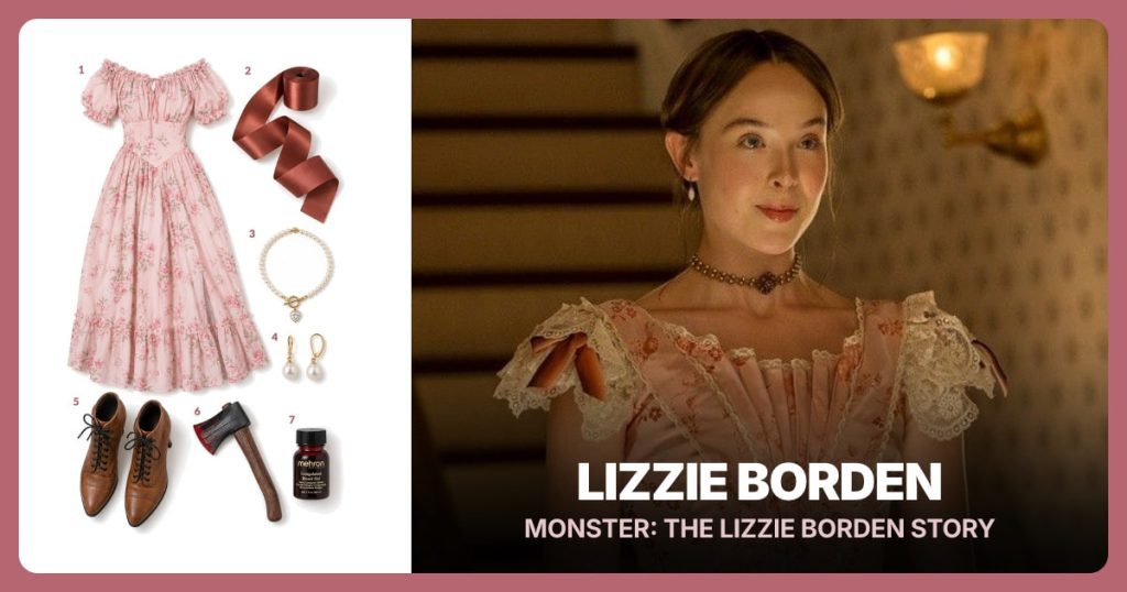 Pink Floral Dress, Rust Satin Ribbon, Pearl Heart Necklace and Pearl Drop Earrings beside Lizzie Borden
