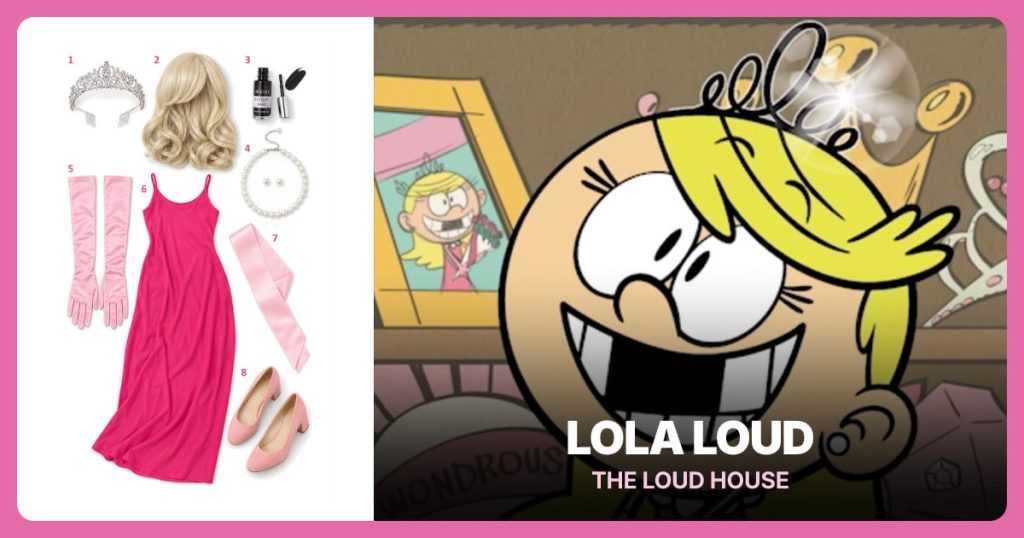 Silver Crystal Tiara, Blonde Side-Bang Wig, Black Tooth Paint and Pearl Jewelry Set beside Lola Loud