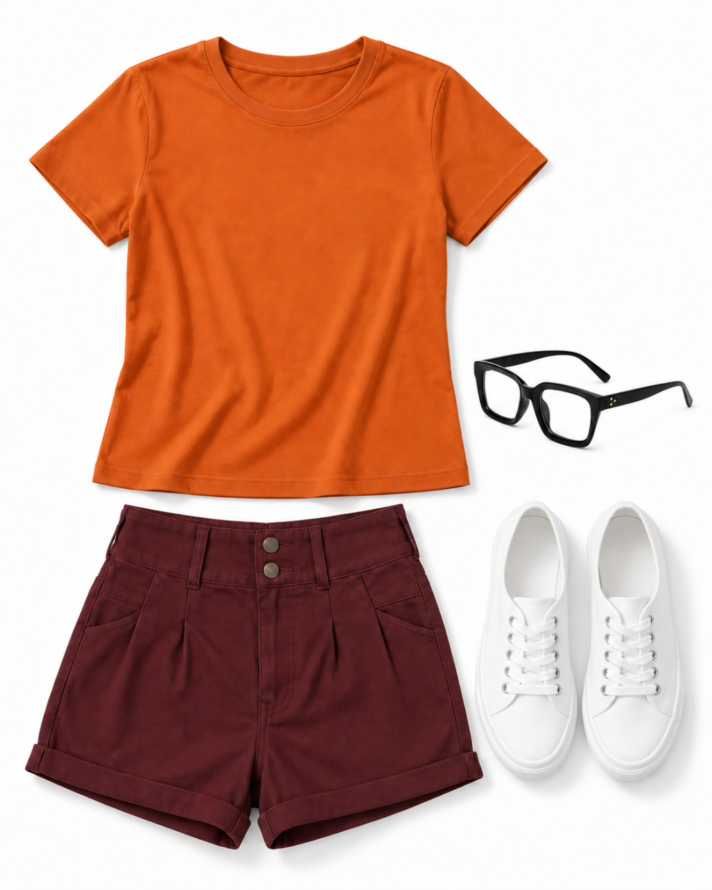 Dark orange crew-neck tee, wine-red rolled-hem denim shorts, white canvas sneakers and black square glasses arranged on white