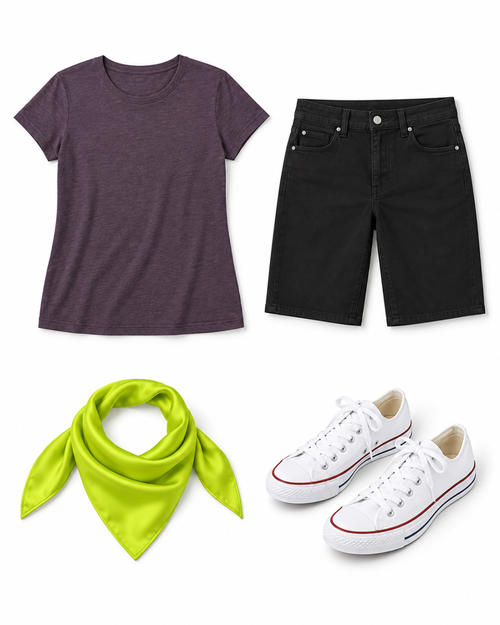 Muted eggplant-purple crewneck tee, black Bermuda shorts, bright chartreuse neck scarf and white canvas low-tops arranged on white