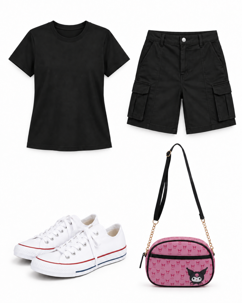 Plain black crew tee, black cargo Bermuda shorts, the pink Kuromi crossbody with repeated skull motifs and white canvas low-top sneakers arranged on white.