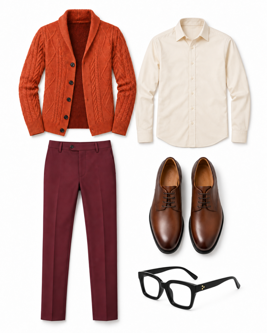Orange cable-knit cardigan over a cream shirt, burgundy tailored trousers, plain-toe brown Derby shoes and black square glasses arranged on white