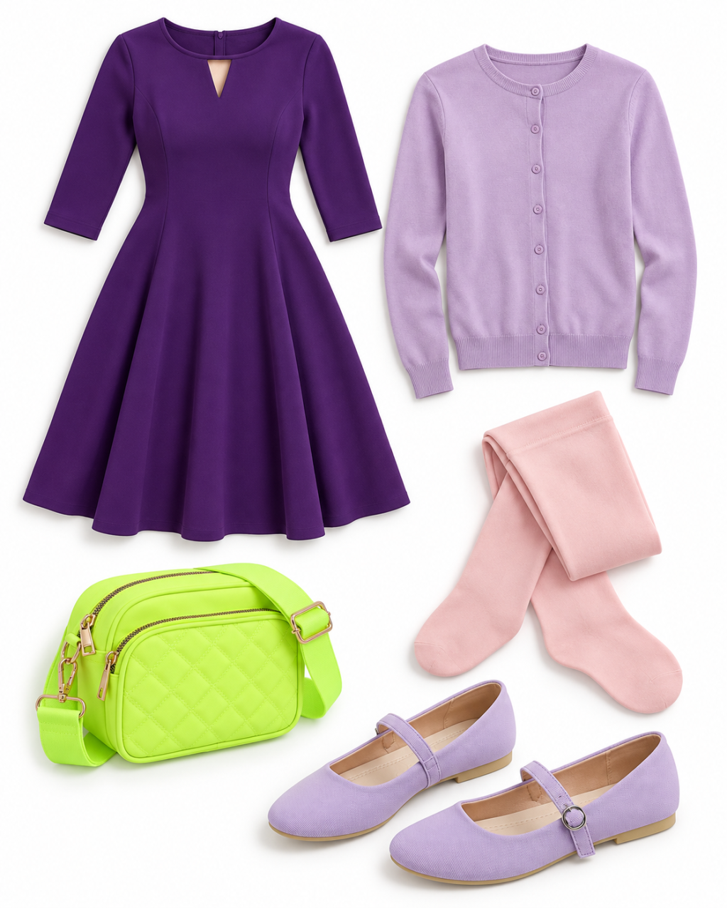 Deep violet fit-and-flare dress with triangular keyhole, lavender cardigan, neon-lime quilted crossbody, pale pink tights and lilac Mary Jane flats arranged on white