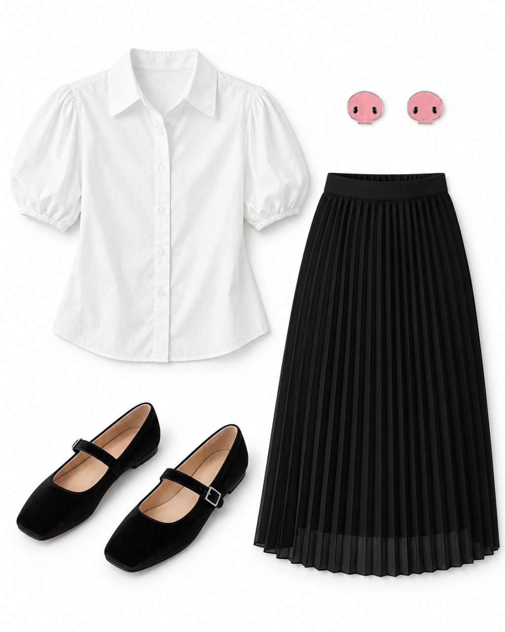 White puff-sleeve blouse, black pleated midi skirt, black Mary Jane flats and two pink skull stud earrings arranged on white.