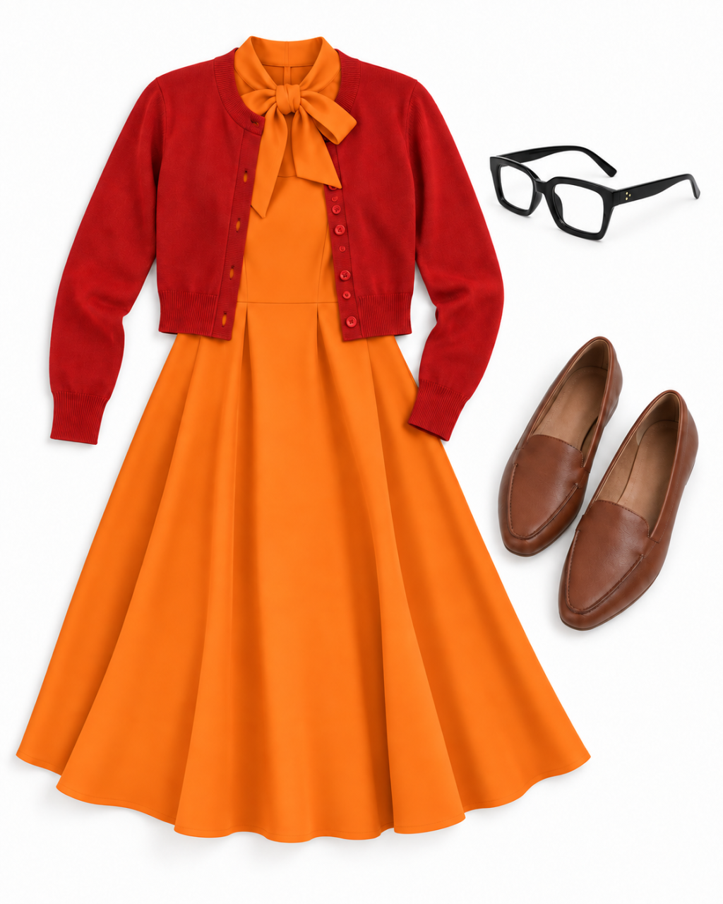 Orange bow-neck A-line dress with a red cropped cardigan, chestnut pointed loafers and black square glasses arranged on white