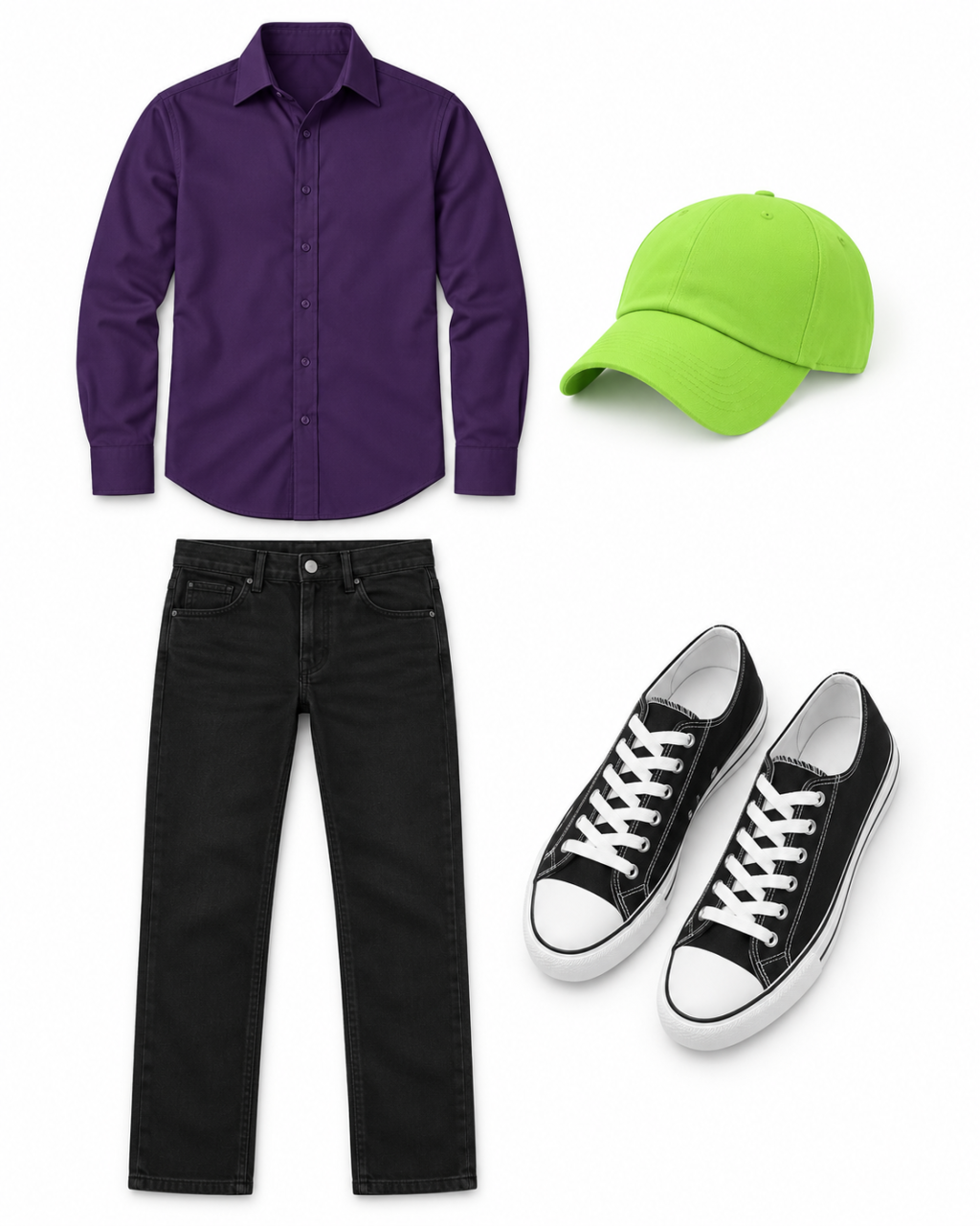 Plain deep-purple men’s button-down shirt, lime cap, straight black jeans and black canvas low-top sneakers with white trim arranged on white