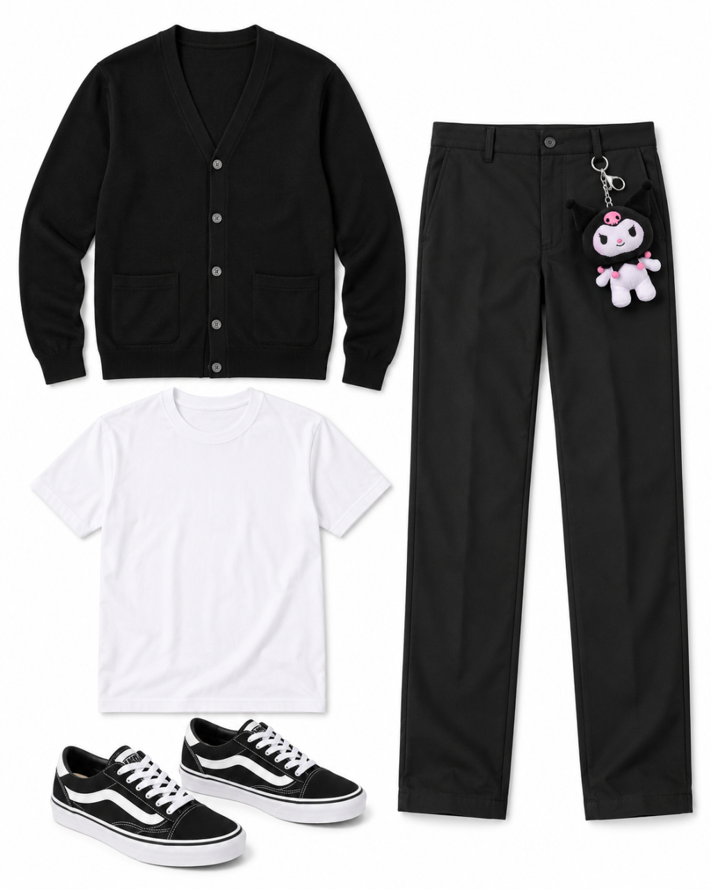 Black V-neck cardigan, white crew tee, black straight trousers, black-and-white low-top sneakers and a Kuromi plush keychain clipped at the trouser loop.