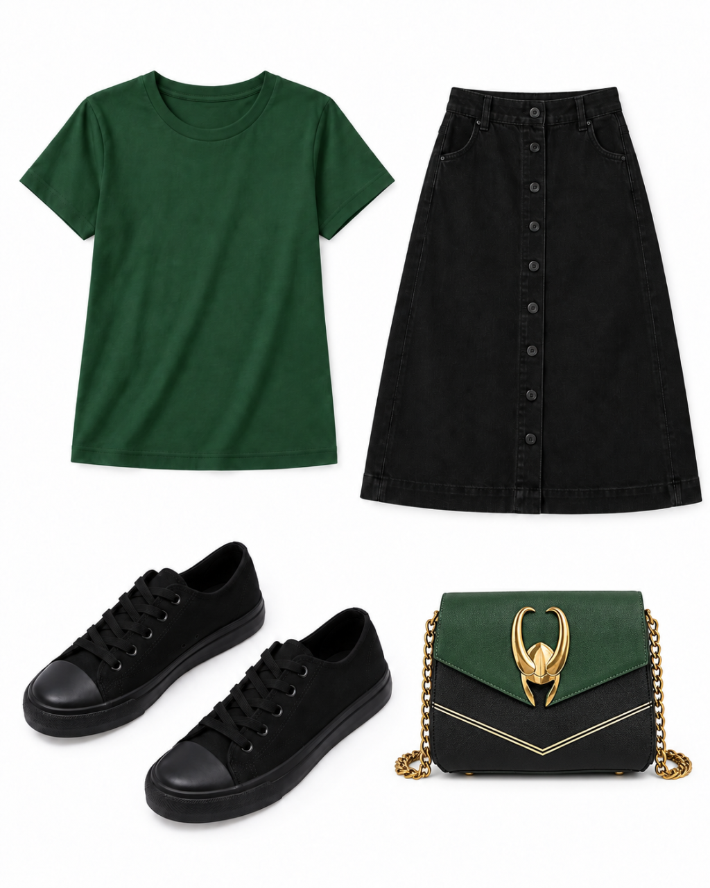 Forest-green tee, black button-front denim midi, black canvas sneakers and green-and-black Loki crossbody with gold horned-helmet hardware.