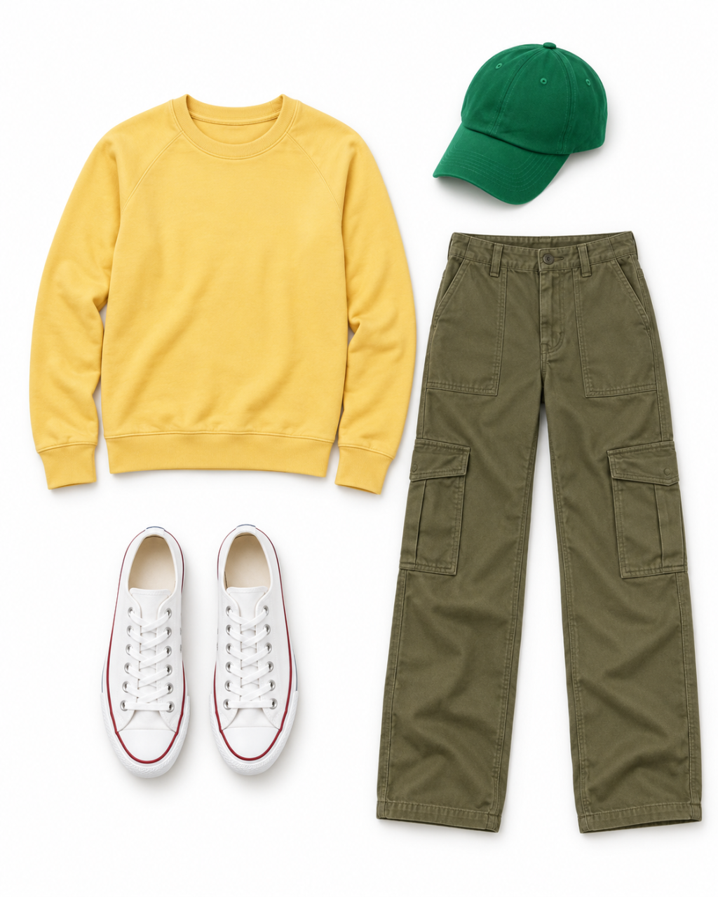 Mustard crewneck sweatshirt, olive wide-leg cargo pants, white low-top canvas sneakers and a Kelly green cap arranged on white.
