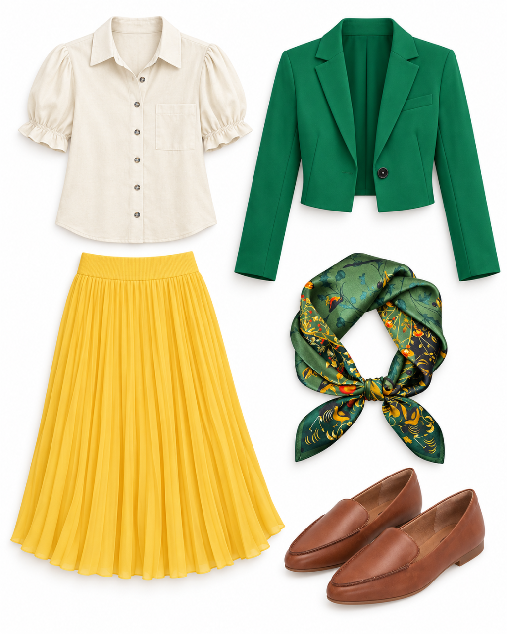 Cream puff-sleeve blouse, green cropped blazer, bright yellow pleated midi skirt, jade floral scarf and chestnut loafers arranged on white.