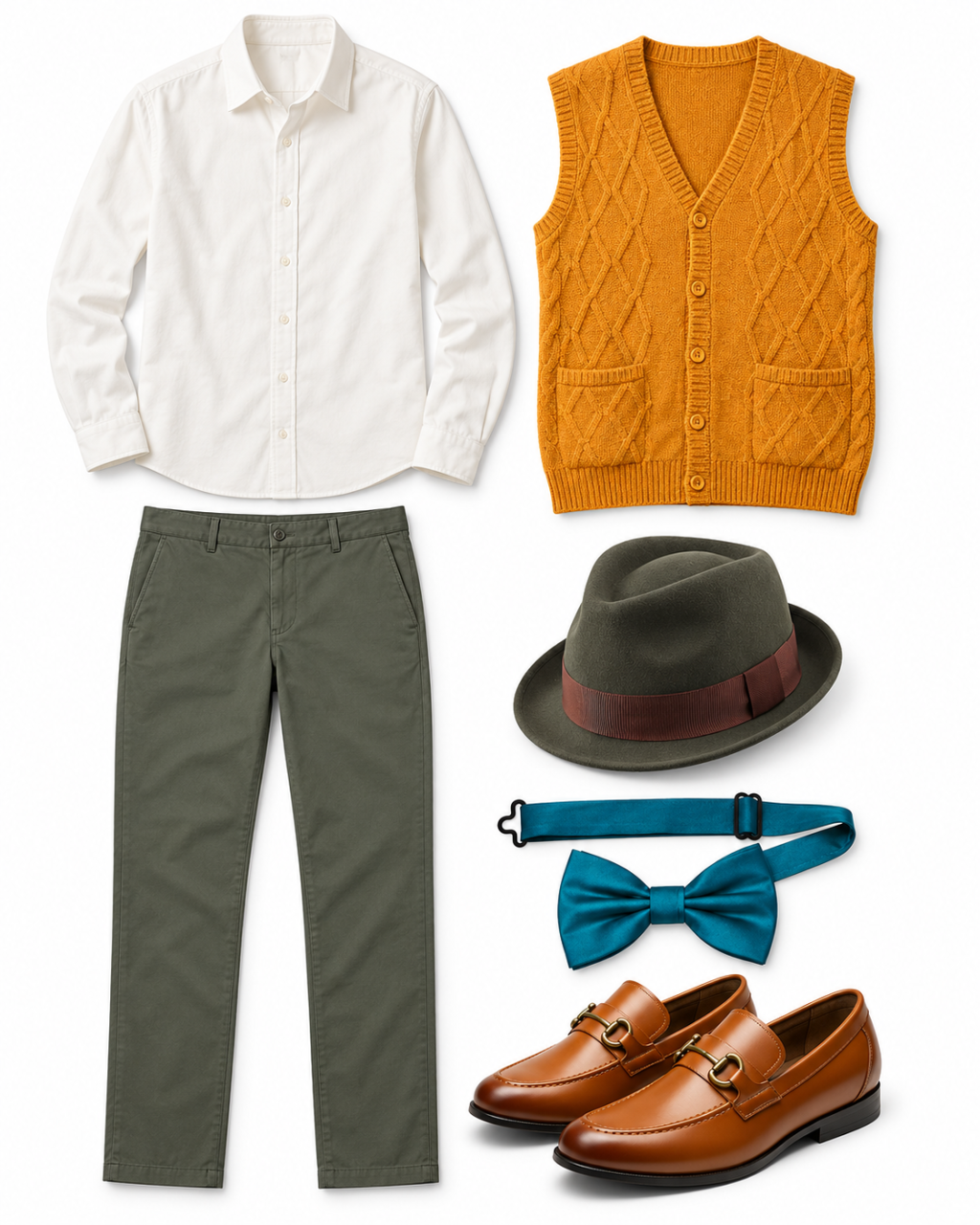 Cream shirt, golden mustard textured button-front vest, dark olive chinos, teal bow tie, olive fedora and cognac loafers arranged on white.
