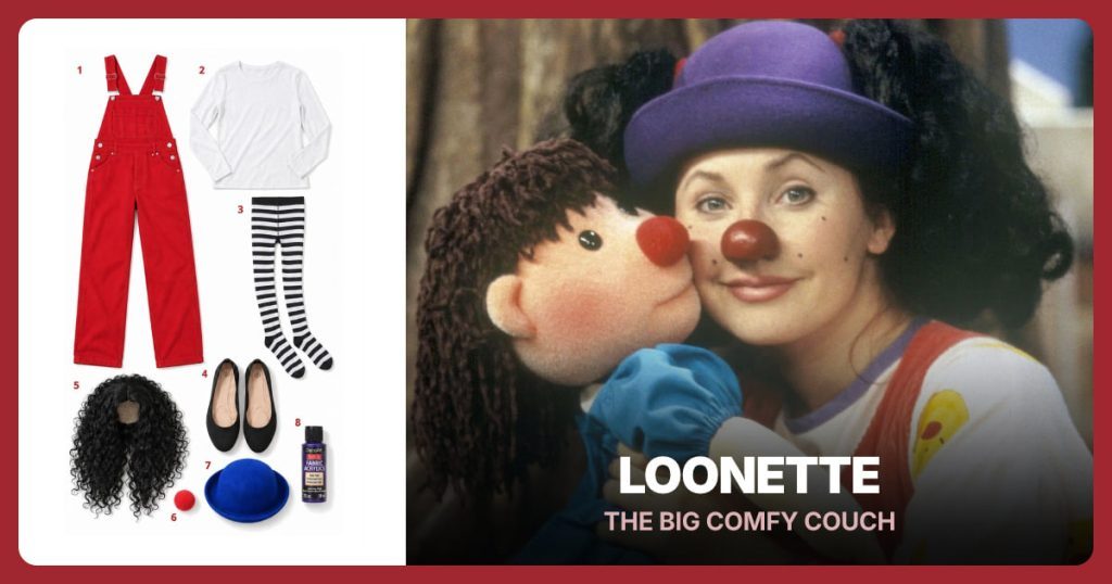 Red Bib Overalls, White Long-Sleeve Shirt, Black-and-White Striped Tights and Black Ballet Flats beside Loonette