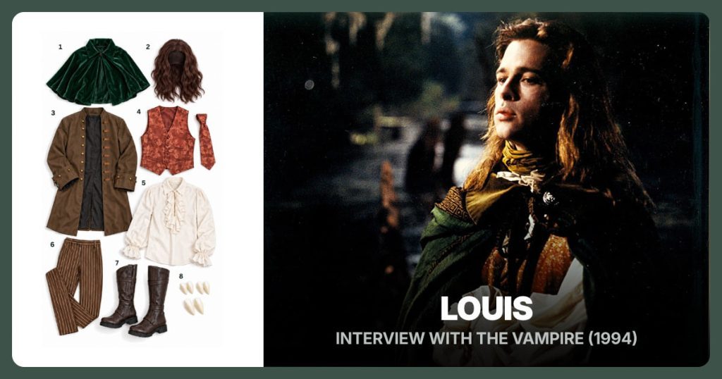 Dark Green Velvet Cape, Long Wavy Brown Wig, Brown Victorian Costume Coat and Rust Floral Brocade Waistcoat Set beside Louis