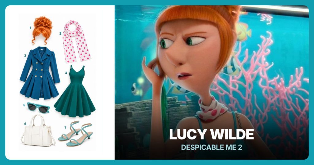 Lucy Wilde costume from Despicable Me: Orange Curly Updo Wig, Pink-and-White Polka-Dot Scarf, Teal-Blue Double-Breasted Coat