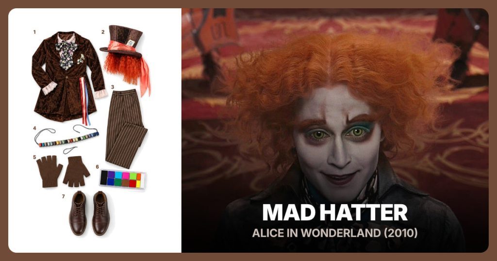 Brown Hatter Coat Set, Hatter Hat with Orange Hair, Brown Pinstripe Trousers and Thread Spool Bandolier beside Mad Hatter (2010)