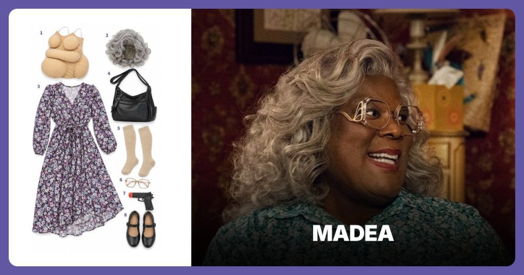 Costume Body Padding, Short Gray Curly Wig, Purple Floral Dress and Black Shoulder Bag beside Madea