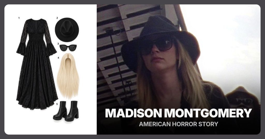 Black Lace Maxi Dress, Black Fedora, Black Oversized Sunglasses and Straight Blonde Wig beside Madison Montgomery