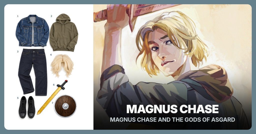 Blue Denim Jacket, Olive Green Hoodie, Dark Blue Jeans and Blond Middle-Part Wig beside Magnus Chase