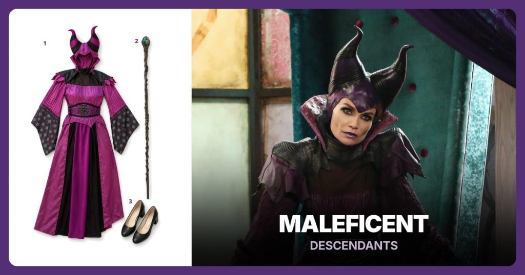 Descendants Maleficent Costume, Maleficent Staff and Black Low-Block Pumps beside Maleficent