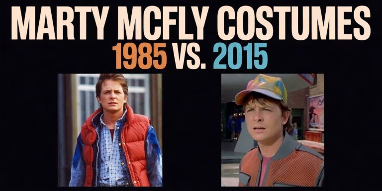Marty McFly Costumes: 1985 vs. 2015, comparing the red vest and denim with the iridescent cap and future jacket