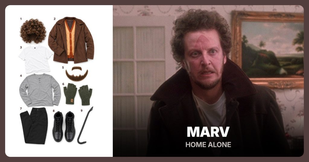 Marv from Home Alone with nine costume shopping items