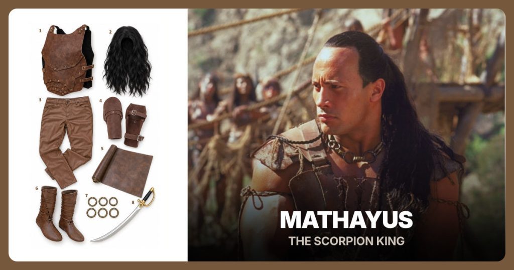 Brown Armor Vest, Long Black Wig, Brown Faux Leather Pants and Brown Wrist Bracers beside Mathayus