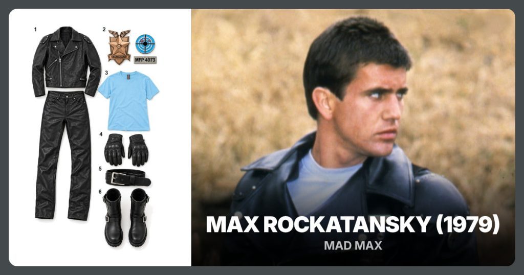 Mfp Leather Jacket and Pants Set, Max Mfp Badge Set and Light Blue Crewneck T-Shirt beside Max Rockatansky (1979)