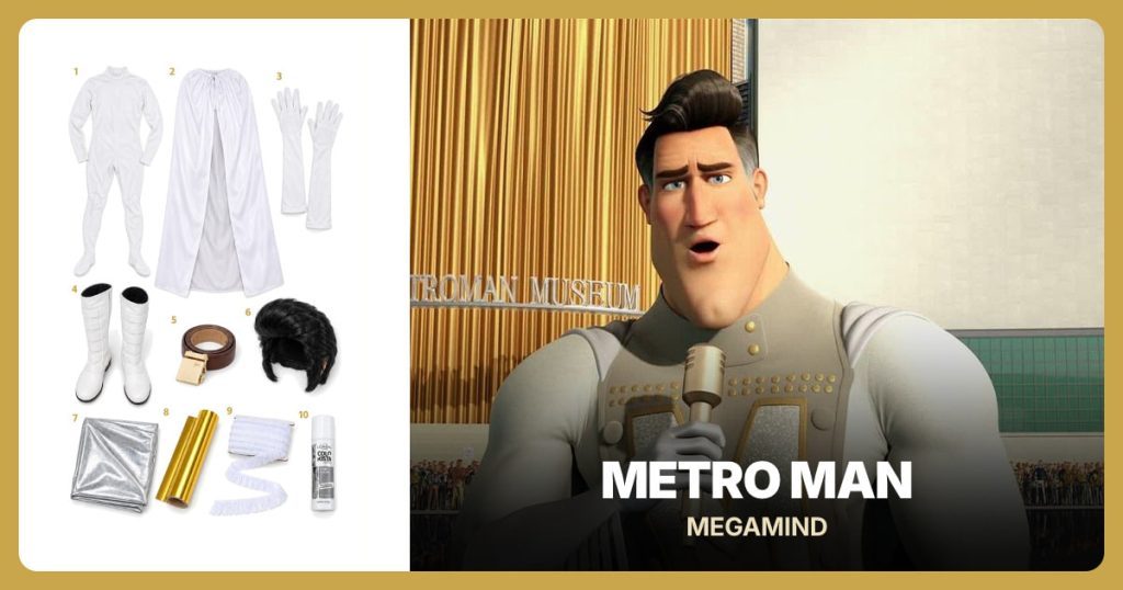 White Hoodless Bodysuit, Full-Length White Cape, 15-Inch White Gloves and White Knee-High Costume Boots beside Metro Man