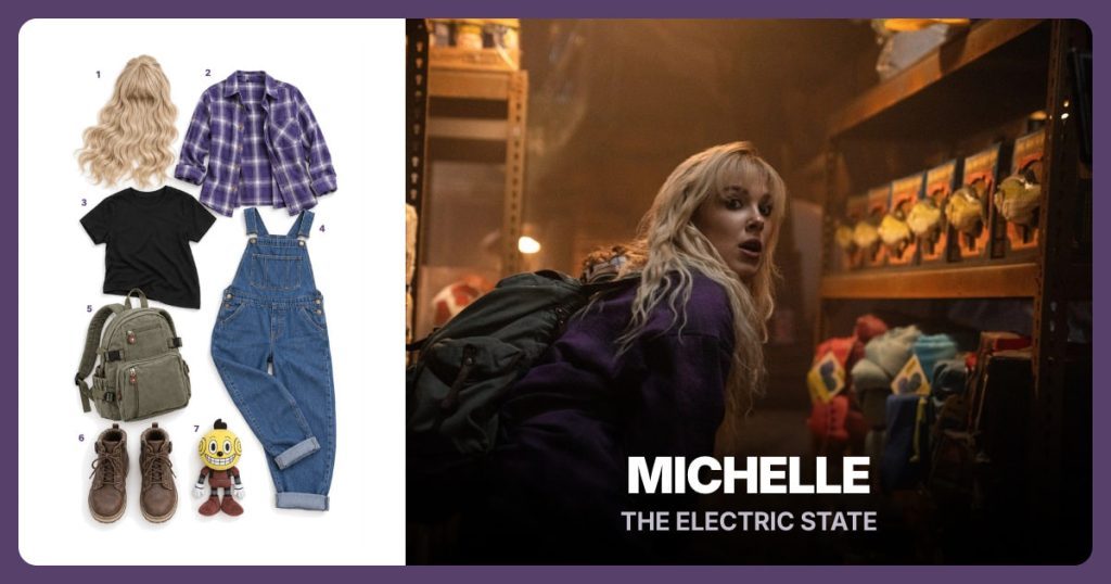 Long Blonde Wavy Wig, Purple Plaid Flannel Shirt, Black Crew-Neck T-Shirt and Blue Denim Bib Overalls beside Michelle
