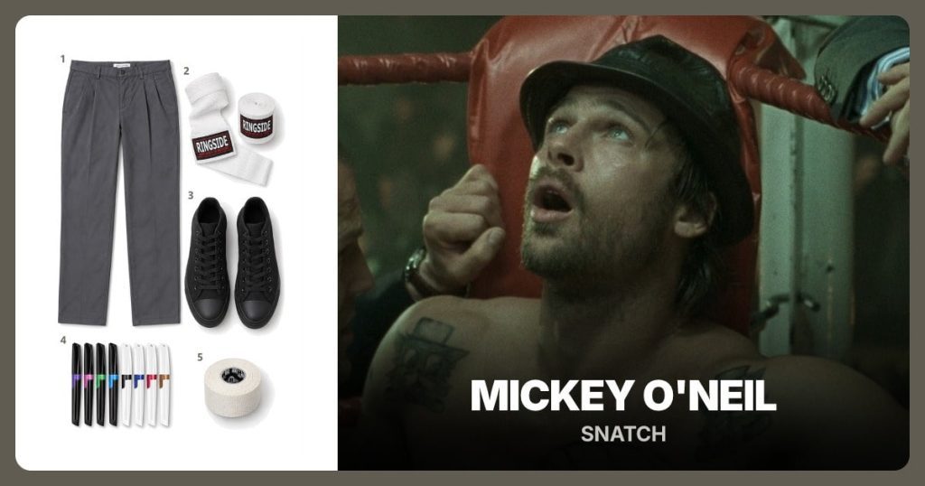 Gray Pleated Trousers, White Hand Wraps, Black High-Top Sneakers and Skin Tattoo Markers beside Mickey O’Neil