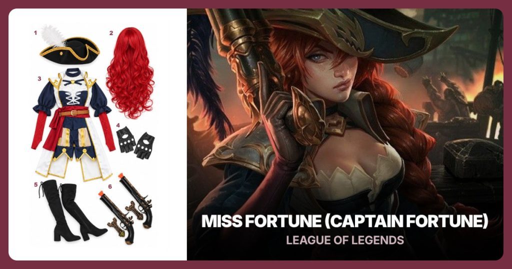 Black and Gold Tricorn Hat, Long Red Wig, Captain Fortune Costume Set and Black Fingerless Gloves beside Miss Fortune