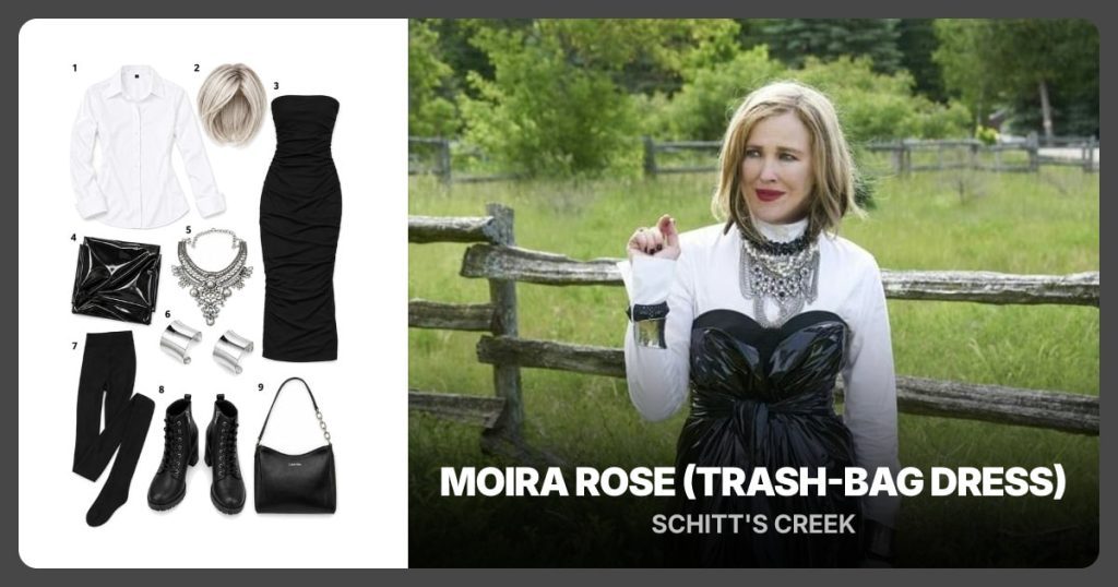 White Button-Down Shirt, Ash Blonde Bob Wig, Black Strapless Base Dress and Shiny Black Stretch Fabric beside Moira Rose (Trash-Bag Dress)