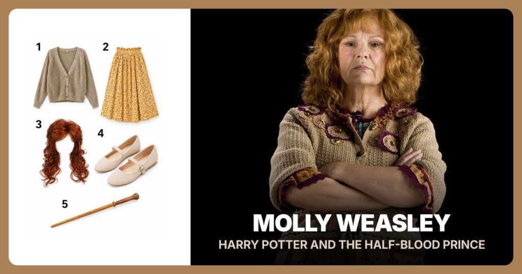 Khaki Knit Cardigan, Yellow Floral Midi Skirt, Copper Red Curly Wig and Beige Mary Jane Flats beside Molly Weasley