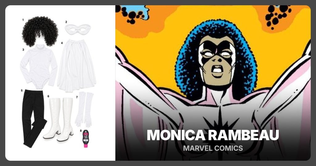 Black Curly Wig, White Eye Mask, White Turtleneck Bodysuit and White Superhero Cape beside Monica Rambeau
