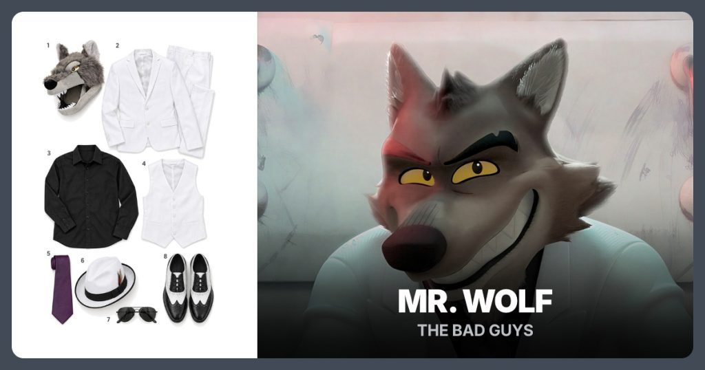 Gray Wolf Mask, White Two-Piece Suit, Black Button-Down Shirt and White Waistcoat beside Mr. Wolf