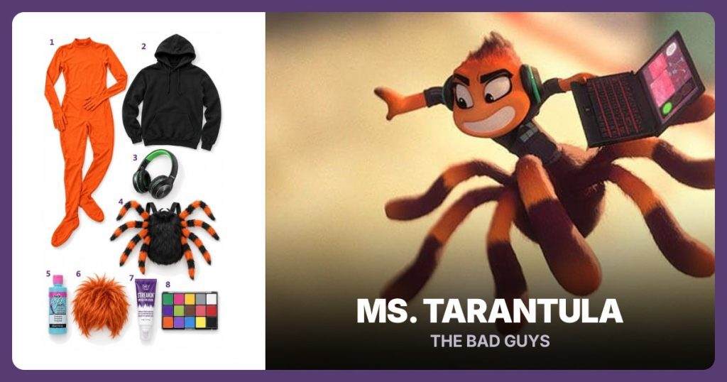 Orange Footed Bodysuit, Black Pullover Hoodie, Black and Green Headphones and Orange and Black Spider Backpack beside Ms. Tarantula
