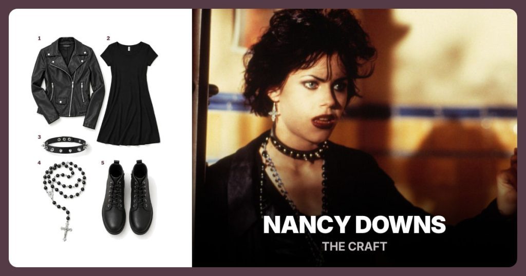 Black Moto Jacket, Black Mini Dress, Studded Choker and Black Rosary Necklace beside Nancy Downs