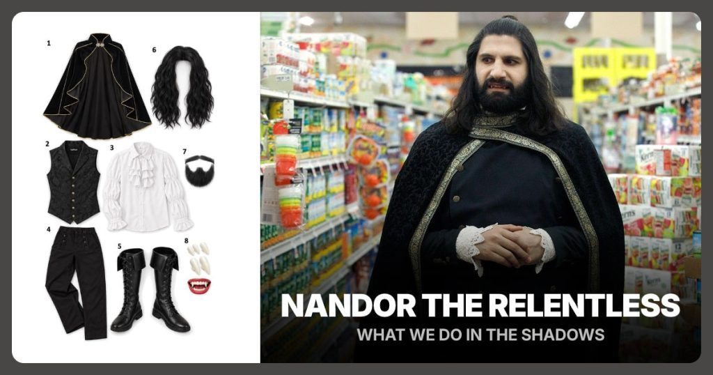 Black and Gold Stand-Collar Cape, Black Brocade Buttoned Waistcoat and White Ruffle-Cuff Shirt beside Nandor the Relentless